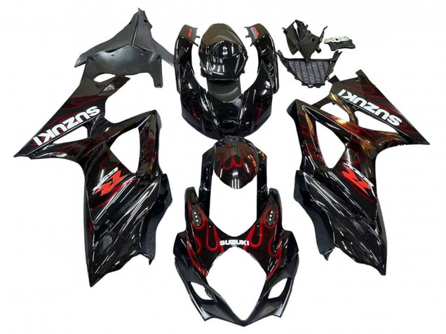 Erschwingliche Suzuki GSXR 1000 Motorrad Verkleidung 2007-2008 - Schwarz Rot Flamme