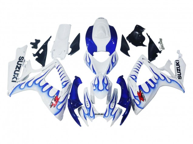 Erschwingliche Suzuki GSXR 600 / GSXR 750 Motorrad Verkleidung 2006-2007 - Weiss Blau Flamme