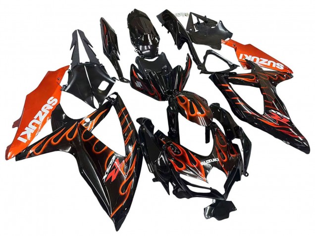 Erschwingliche Suzuki GSXR 600 / GSXR 750 Motorrad Verkleidung 2008-2010 - Glanzendes Schwarz Orange Flamme