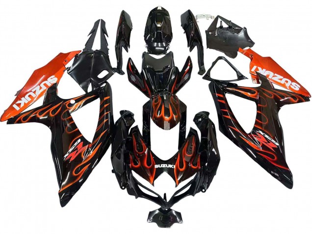 Erschwingliche Suzuki GSXR 600 / GSXR 750 Motorrad Verkleidung 2008-2010 - Glanzendes Schwarz Orange Flamme