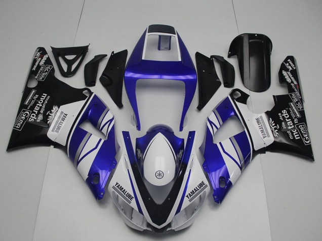 Erschwingliche Yamaha YZF R1 Motorrad Verkleidung 1998-1999 - Blau Weiss Glanzendes Schwarz Yamalube Motards