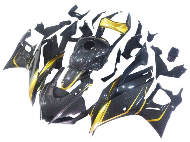 Erschwingliche Yamaha YZF R3/R25 Motorrad Verkleidung 2019-2021 - Gold Schwarz Carbonfaser
