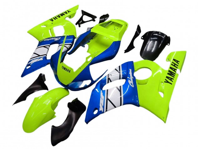 Erschwingliche Yamaha YZF 600 R6 Motorrad Verkleidung 1998-2002 - Neon Grun Blau Weiss Champions