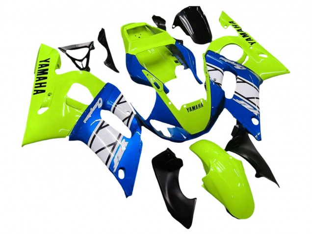 Erschwingliche Yamaha YZF 600 R6 Motorrad Verkleidung 1998-2002 - Neon Grun Blau Weiss Champions