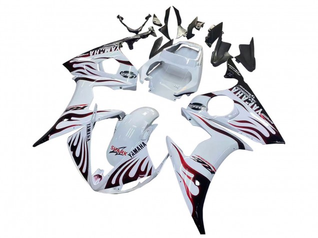 Erschwingliche Yamaha YZF R6S Motorrad Verkleidung 2006-2009 - Weiss mit Dunkel Schwarz Flamme