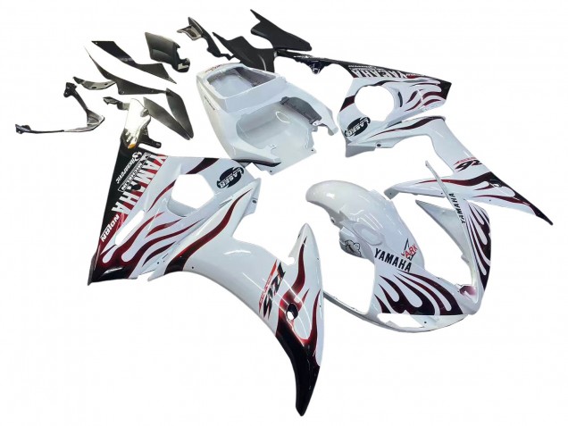 Erschwingliche Yamaha YZF R6S Motorrad Verkleidung 2006-2009 - Weiss mit Dunkel Schwarz Flamme