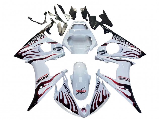 Erschwingliche Yamaha YZF R6S Motorrad Verkleidung 2006-2009 - Weiss mit Dunkel Schwarz Flamme