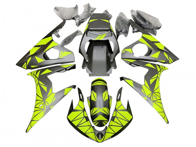 Erschwingliche Yamaha YZF R6S Motorrad Verkleidung 2006-2009 - Neon Grun Matt Schwarz Geometric