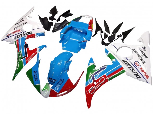 Erschwingliche Yamaha YZF 600 R6 Motorrad Verkleidung 2005 - Hellblau Weiss Grun Rot Kastinee Dunlop Motul