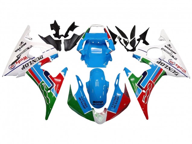 Erschwingliche Yamaha YZF 600 R6 Motorrad Verkleidung 2005 - Hellblau Weiss Grun Rot Kastinee Dunlop Motul