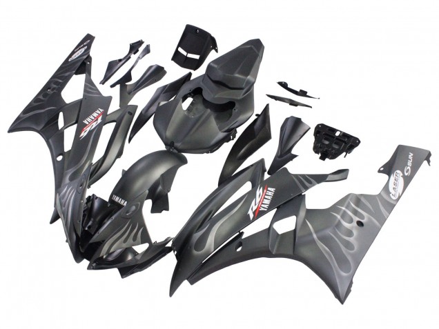 Erschwingliche Yamaha YZF 600 R6 Motorrad Verkleidung 2006-2007 - Matt Schwarz Silber Flamme
