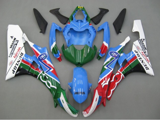 Erschwingliche Yamaha YZF 600 R6 Motorrad Verkleidung 2006-2007 - Blau Grun Weiss Rot Dunlop Michelin Motul