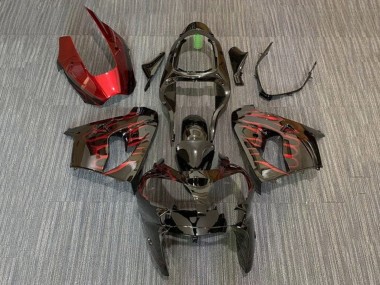 Erschwingliche Kawasaki ZX9R Motorrad Verkleidung 2002-2003 - Glanzendes Schwarz Rot Flamme