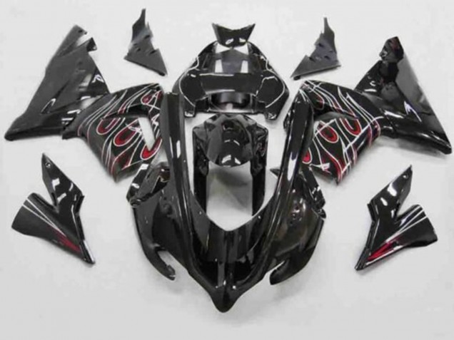Erschwingliche Kawasaki ZX10R Motorrad Verkleidung 2004-2005 - Schwarz Rot Weiss Flamme