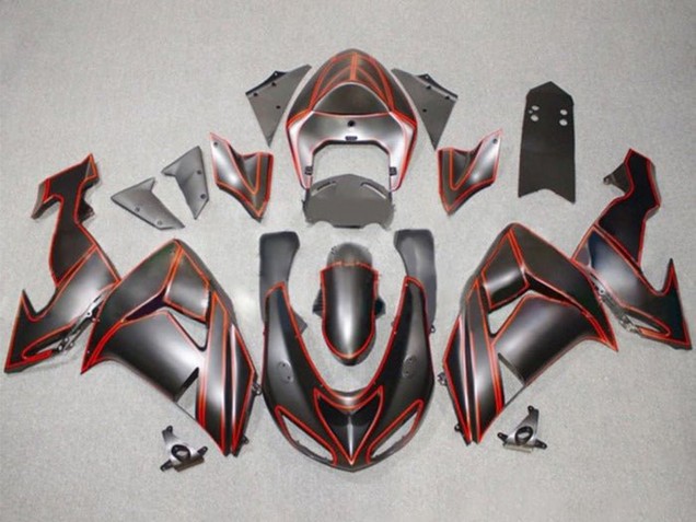 Erschwingliche Kawasaki ZX10R Motorrad Verkleidung 2006-2007 - Matt Schwarz Rot PinStreifen