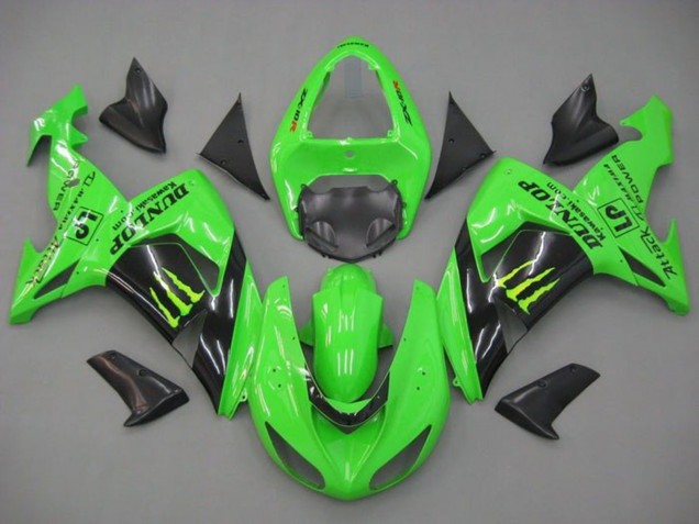 Erschwingliche Kawasaki ZX10R Motorrad Verkleidung 2006-2007 - Grun Glanzendes Schwarz Monster Dunlop