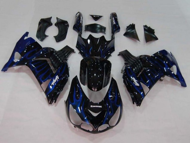 Erschwingliche Kawasaki ZX14R ZZR1400 Motorrad Verkleidung 2006-2011 - Glanzendes Schwarz Blau Flamme