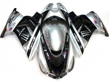 Erschwingliche Kawasaki ZX14R ZZR1400 Motorrad Verkleidung 2006-2011 - Silber Schwarz Elf Touch4 Monster Bridgestone