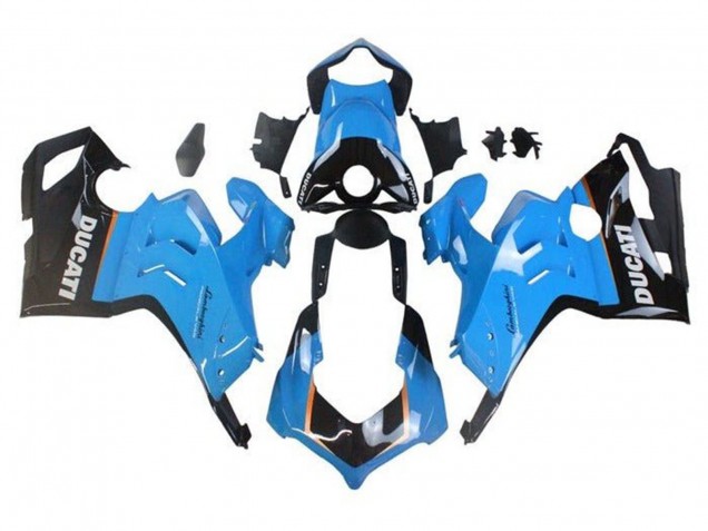Erschwingliche Ducati Panigale V4 V4S Motorrad Verkleidung 2020-2021 - Hellblau Orange Glanzendes Schwarz