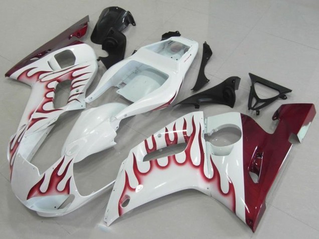 Erschwingliche Yamaha YZF R6 Motorrad Verkleidung 1998-2002 - Weiss Rot Flamme