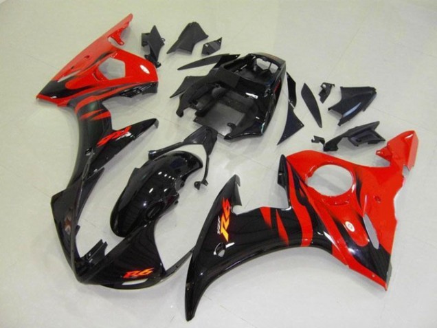 Erschwingliche Yamaha YZF R6 Motorrad Verkleidung 2003-2004 - Glanzendes Schwarz Rot Flamme
