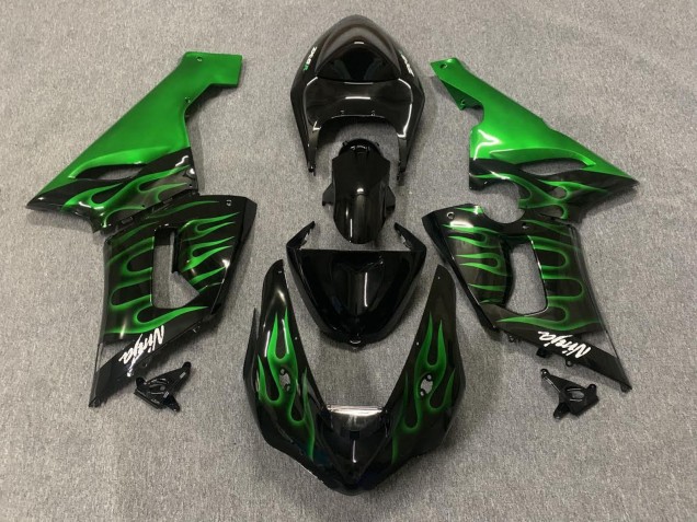 Erschwingliche Kawasaki ZX6R Motorrad Verkleidung 2005-2006 - Glanzendes Schwarz Grun Flamme