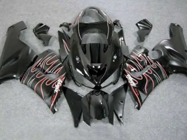 Erschwingliche Kawasaki ZX6R Motorrad Verkleidung 2005-2006 - Glanzendes Schwarz Rot Weiss Flamme