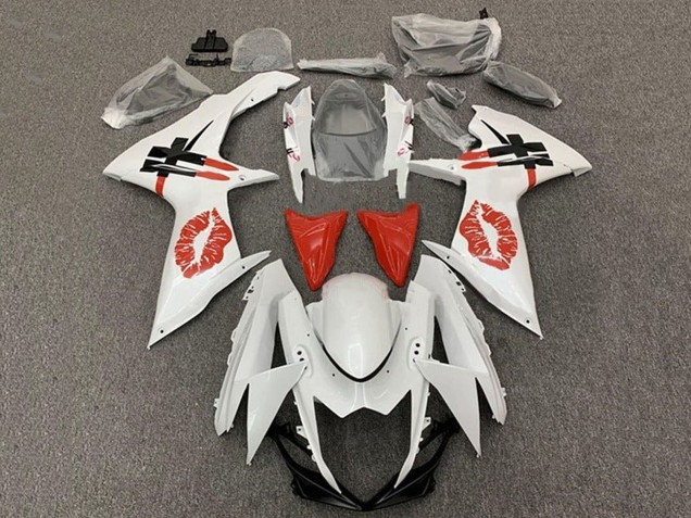Erschwingliche Suzuki GSXR 600 / GSXR 750 Motorrad Verkleidung 2011-2024 - Weiss Rot Lipstick Kiss