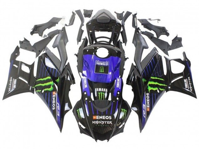 Erschwingliche Yamaha YZF R3/R25 Motorrad Verkleidung 2019-2021 - Blau Glanzendes Schwarz Grun ENEOS Monster