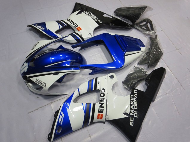 Erschwingliche Yamaha YZF 1000 R1 Motorrad Verkleidung 1998-1999 - Weiss Blau Glanzendes Schwarz ENEOS Semakin Didepan