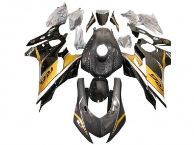 Erschwingliche Yamaha YZF R6 Motorrad Verkleidung 2017-2023 - Gold Weiss Schwarz Kunst Carbonfaser