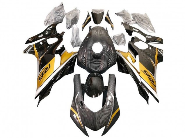 Erschwingliche Yamaha YZF R6 Motorrad Verkleidung 2017-2023 - Gold Weiss Schwarz Kunst Carbonfaser