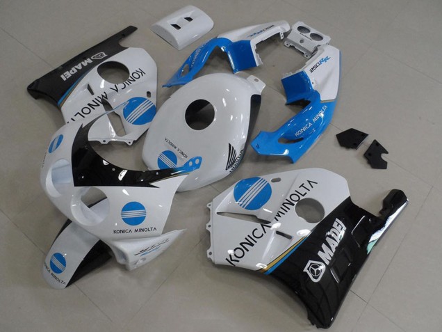 Erschwingliche Honda CBR250RR MC22 Motorrad Verkleidung 1990-1998 - Weiss Blau Glanzendes Schwarz Konica Minolta