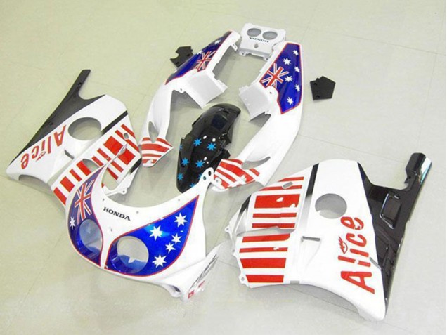 Erschwingliche Honda CBR250RR MC22 Motorrad Verkleidung 1990-1998 - Weiss Rot Blau Stern Alice
