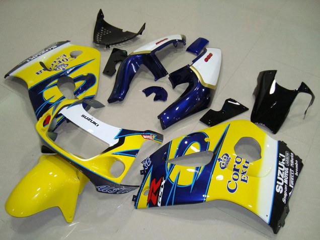 Erschwingliche Suzuki GSXR 600 Motorrad Verkleidung 1996-2000 - Weiss Gelb Blau Corona