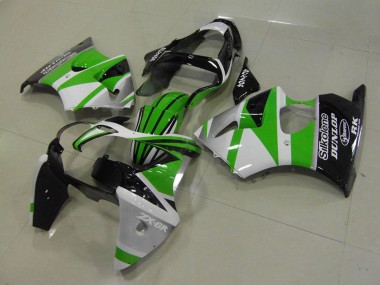 Erschwingliche Kawasaki ZX6R Motorrad Verkleidung 2000-2002 - Weiss Grun Glanzendes Schwarz Streifen Silkolene Dunlop