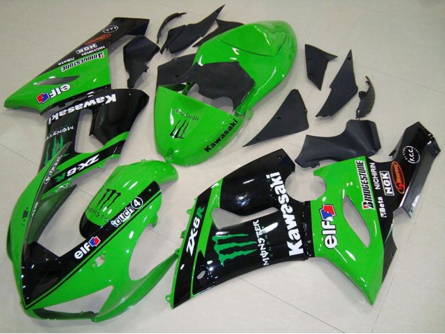 Erschwingliche Kawasaki ZX6R Motorrad Verkleidung 2005-2006 - Grun Glanzendes Schwarz Elf Monster