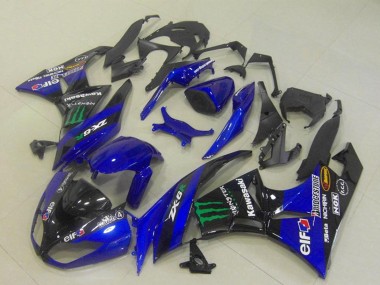 Erschwingliche Kawasaki ZX6R Motorrad Verkleidung 2009-2012 - Blau Glanzendes Schwarz Grun Elf Monster Bridgestone
