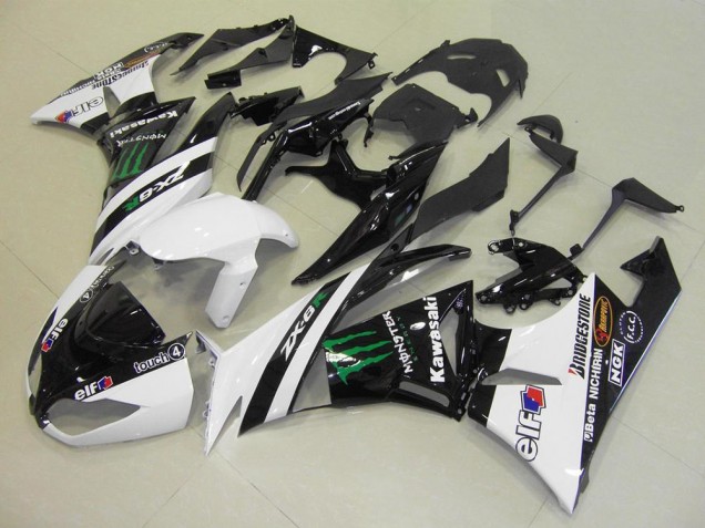 Erschwingliche Kawasaki ZX6R Motorrad Verkleidung 2009-2012 - Weiss Glanzendes Schwarz Grun Elf Touch4 Monster Bridgestone