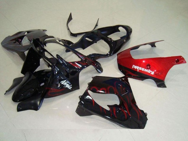 Erschwingliche Kawasaki ZX9R Motorrad Verkleidung 2000-2001 - Glanzendes Schwarz Rot Flamme