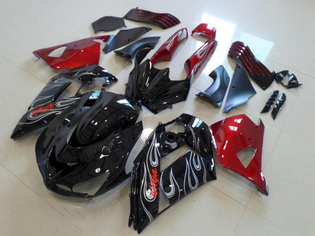 Erschwingliche Kawasaki ZX14R ZZR1400 Motorrad Verkleidung 2006-2011 - Rot Glanzendes Schwarz Silber Flamme