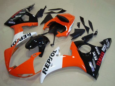 Erschwingliche Yamaha YZF R6 Motorrad Verkleidung 2003-2004 - Orange Weiss Glanzendes Schwarz Repsol