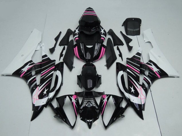 Erschwingliche Yamaha YZF R6 Motorrad Verkleidung 2006-2007 - Weiss Glanzendes Schwarz Rosa Stern Flamme