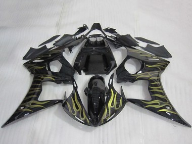 Erschwingliche Yamaha YZF R6 Motorrad Verkleidung 2003-2004 - Glanzendes Schwarz Gold Flamme