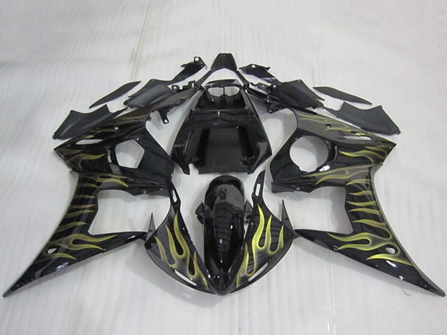 Erschwingliche Yamaha YZF R6 Motorrad Verkleidung 2003-2004 - Glanzendes Schwarz Gold Flamme