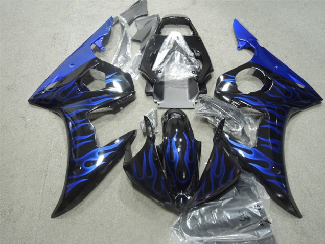 Erschwingliche Yamaha YZF R6 Motorrad Verkleidung 2003-2004 - Glanzendes Schwarz Blau Flamme