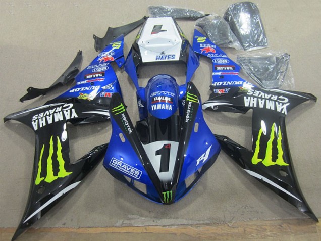 Erschwingliche Yamaha YZF R1 Motorrad Verkleidung 2002-2003 - Weiss Blau Schwarz Neon Gelb Monster Graves 1