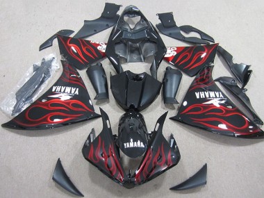 Erschwingliche Yamaha YZF R1 Motorrad Verkleidung 2012-2014 - Glanzendes Schwarz Rot Flamme