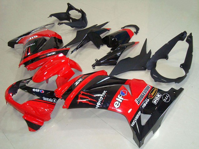 Erschwingliche Kawasaki ZX250R Motorrad Verkleidung 2008-2012 - Rot Glanzendes Schwarz Elf Touch4 Monster