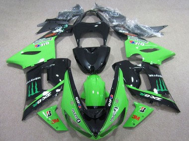 Erschwingliche Kawasaki ZX6R Motorrad Verkleidung 2005-2006 - Glanzendes Schwarz Grun Elf Touch4 Bridgestone Monster